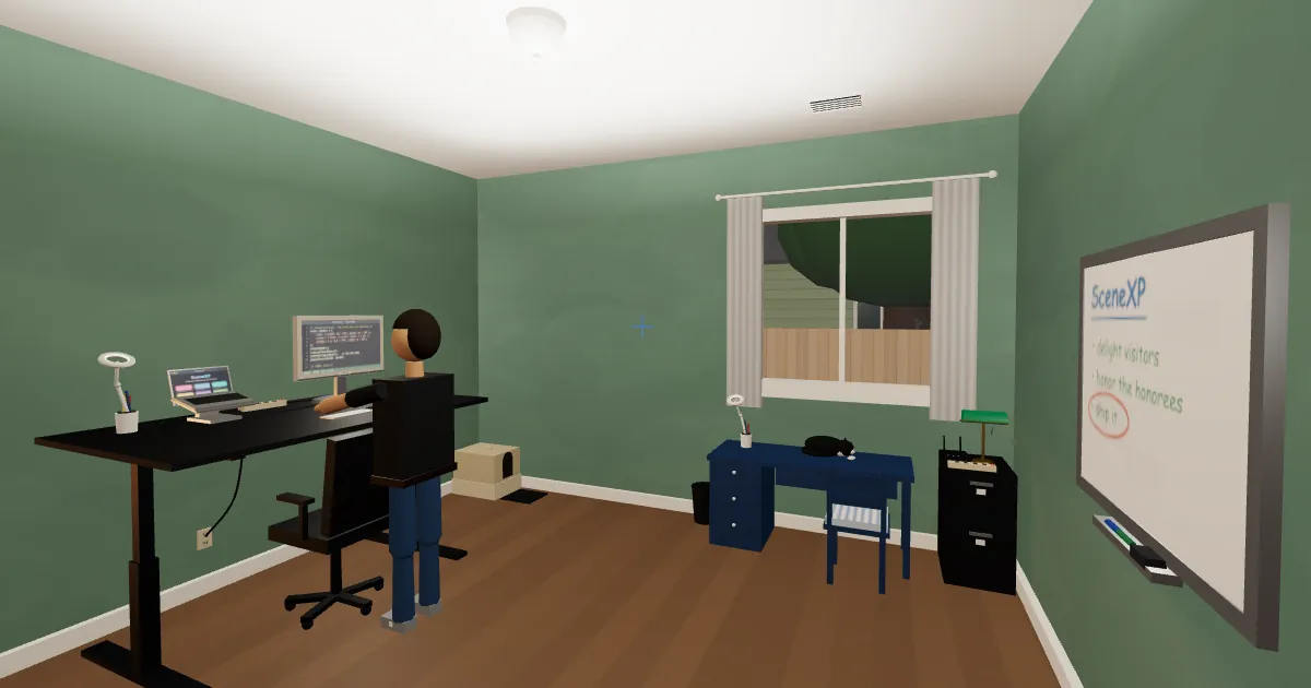 A 3D scene of Steve's home office. Steve stands at his desk writing code while a cat naps nearby and a whiteboard lists SceneXP goals.