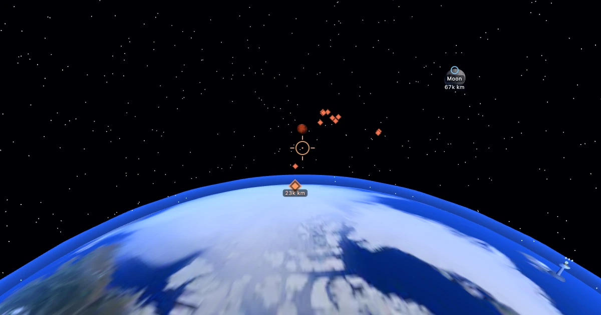 Earth's curved horizon from orbit, with a targeting reticle locked on a cluster of incoming Martian raiders and the Moon in the distance.