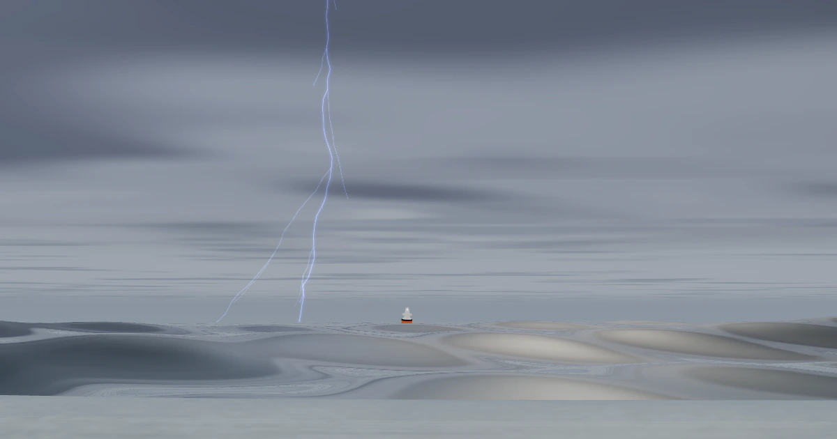 A lone buoy on a gray, rolling sea under storm clouds, with a bolt of lightning striking in the distance.